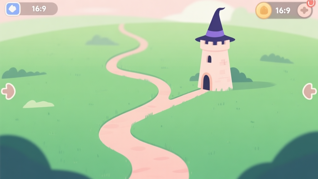 A minimalist game interface illustration showing a winding path on a green field, with a simple wizard tower at a strategic bend, soft pastel colors, clean lines high quality illustration, detailed, 16:9