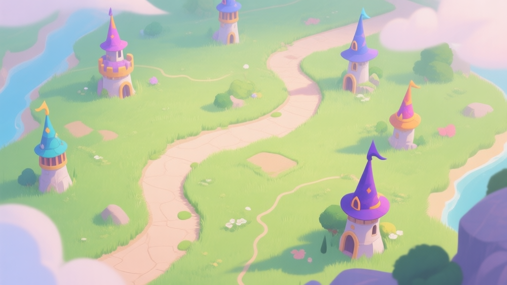 A serene, top-down view of a fantasy game map with a winding path, soft green grass, and various colorful wizard towers placed strategically along the route, in a gentle pastel color palette high quality illustration, detailed, 16:9