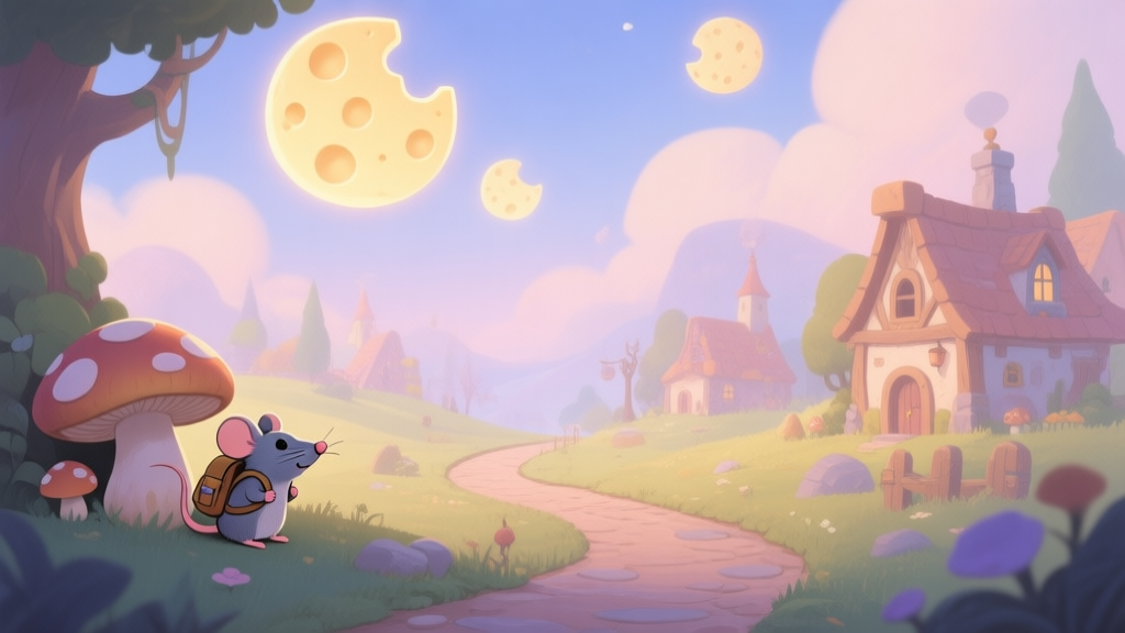 A cozy, dreamlike illustration of a fantasy game world with soft glowing cheese moons in the sky, a winding path through a whimsical village, and subtle hidden details like a tiny mouse with a backpack peeking from behind a mushroom, in a soft pastel color palette high quality illustration, detailed, 16:9