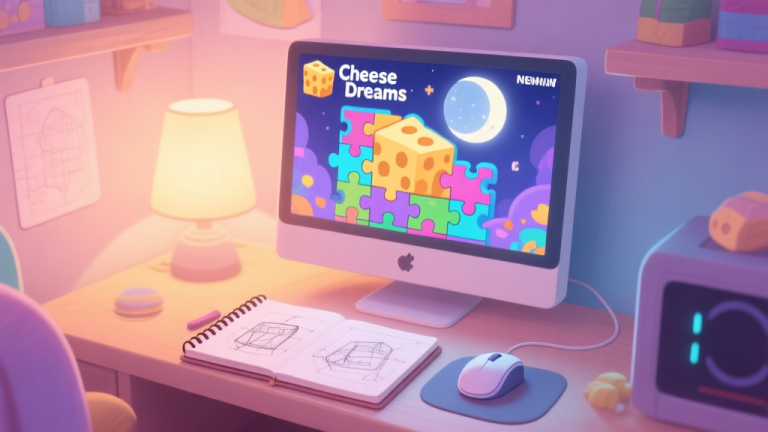 自动生成图片: A cozy, softly lit game room scene with a computer monitor showing a colorful and intricate puzzle from Cheese Dreams New Moon, a notebook with hand-drawn diagrams next to the mouse, warm and inviting atmosphere, pastel color palette high quality illustration, detailed, 16:9