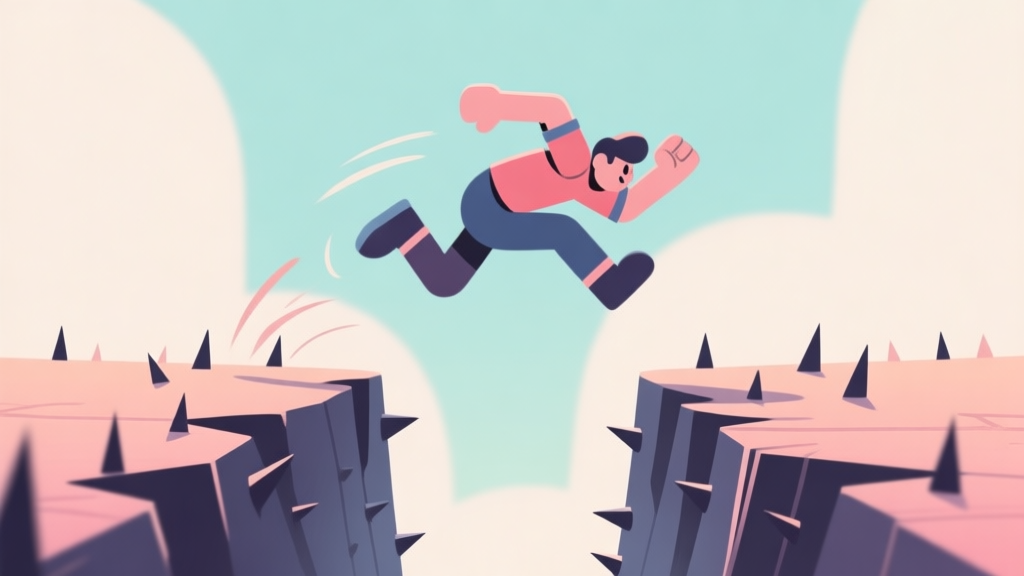 A side-view of a stylized game character mid-roll-jump over a spiky chasm, soft pastel colors, clean lines, conveying motion and precision high quality illustration, detailed, 16:9
