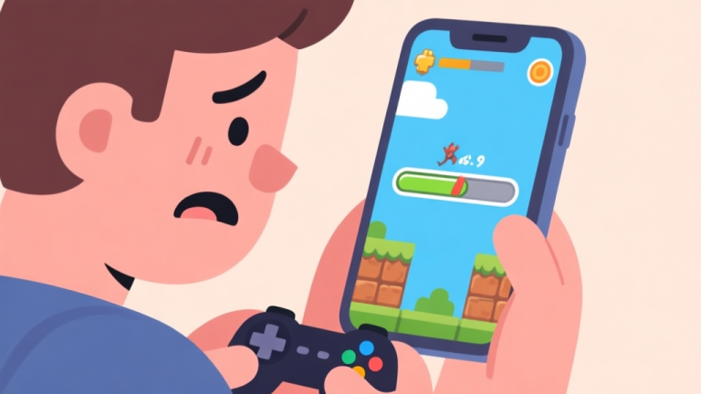 自动生成图片: A frustrated mobile gamer looking at a phone screen showing a stuck game level, with a simple progress bar barely moving, in a flat cartoon style with soft colors high quality illustration, detailed, 16:9