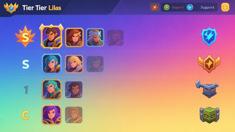 自动生成图片: A vibrant, stylized tier list chart for a fantasy mobile game, showing character portraits ranked from S to C on a gradient background, with icons representing damage, support, and tank roles high quality illustration, detailed, 16:9