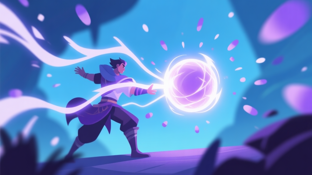 A dynamic yet soft-focus game scene showing a character channeling energy into a glowing orb, with particles suspended in the air, using a cool color palette of blues and purples, flat illustration style high quality illustration, detailed, 16:9