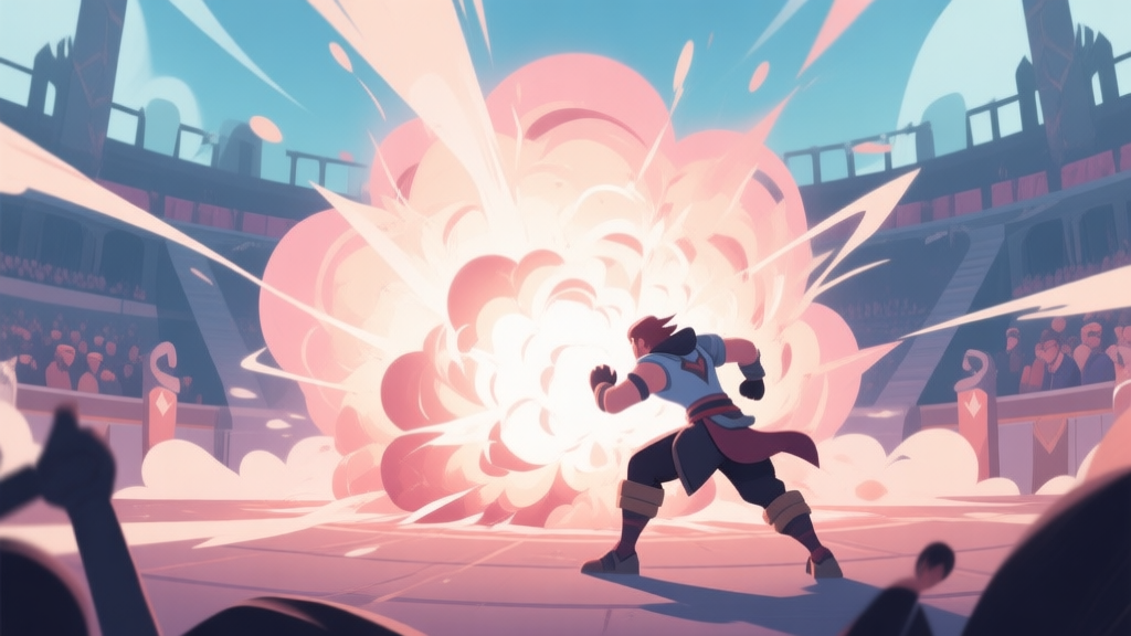 A dynamic, soft-colored game scene showing a character bracing against a large, ethereal energy explosion in a PvP arena, with visual distortion effects around the blast zone, flat design style high quality illustration, detailed, 16:9
