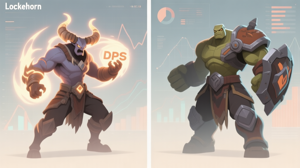 A split-screen illustration showing two distinct Lockehorn character builds in a soft, muted color palette. Left side shows a glowing, aggressive DPS stance; right side shows a sturdy, defensive Tank stance. Background has subtle, abstract data charts. high quality illustration, detailed, 16:9