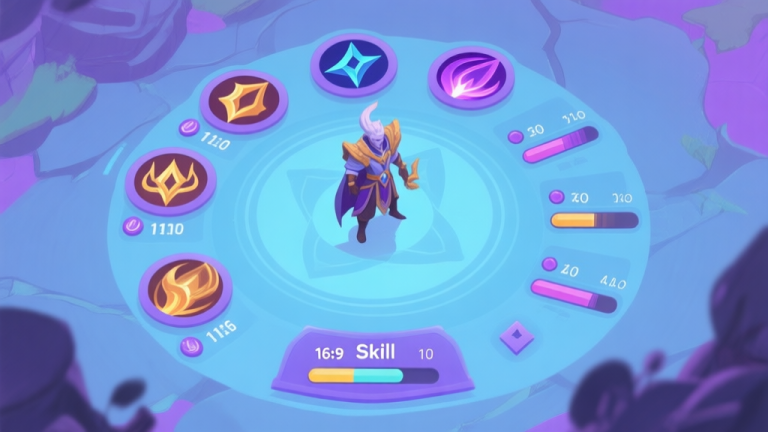 自动生成图片: A stylized, top-down view of a fantasy game character skill interface, showing multiple skill icons with cooldown timers and resource bars, soft blue and purple color scheme, clean lines high quality illustration, detailed, 16:9