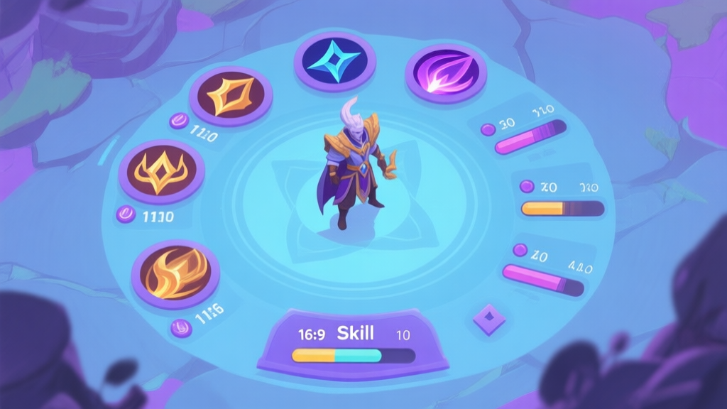 A stylized, top-down view of a fantasy game character skill interface, showing multiple skill icons with cooldown timers and resource bars, soft blue and purple color scheme, clean lines high quality illustration, detailed, 16:9