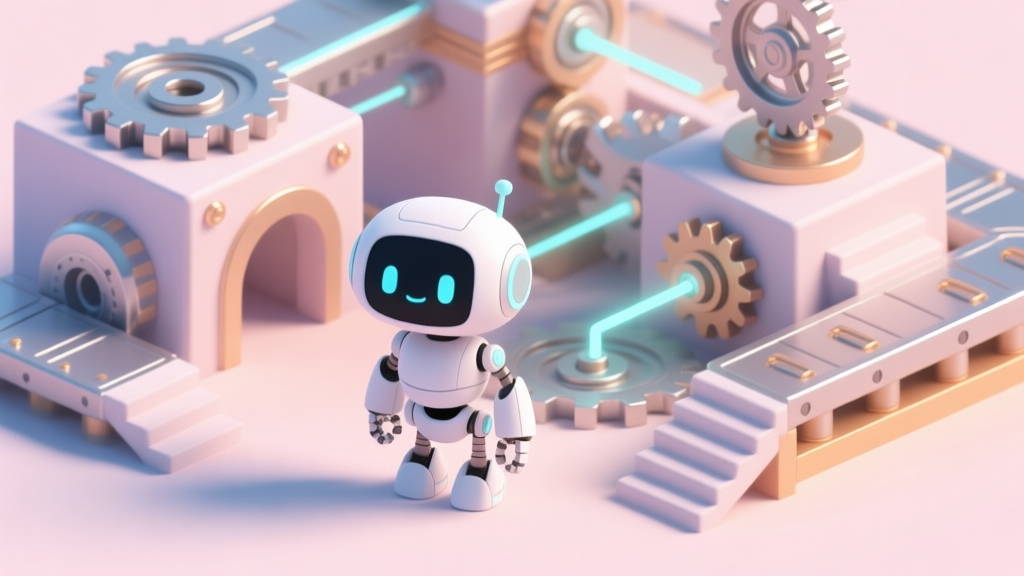A cute, minimalist robot character standing before a complex mechanical level with moving gears, lasers, and platforms, soft pastel color scheme with metallic accents, isometric view high quality illustration, detailed, 16:9