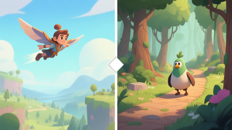 自动生成图片: Side-by-side comparison of a flying character soaring over a landscape and a flightless character navigating a detailed forest path on the ground, stylized game art, soft color palette high quality illustration, detailed, 16:9