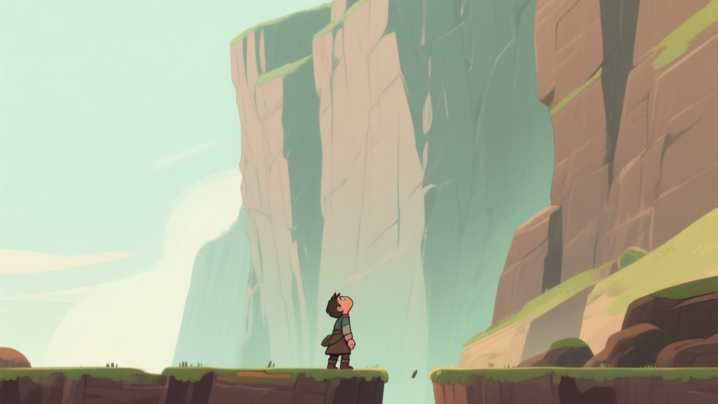 A side-scrolling video game scene with a grounded character looking up at a towering, insurmountable cliff, soft pastel color palette, muted greens and browns, conveying a sense of grounded challenge high quality illustration, detailed, 16:9
