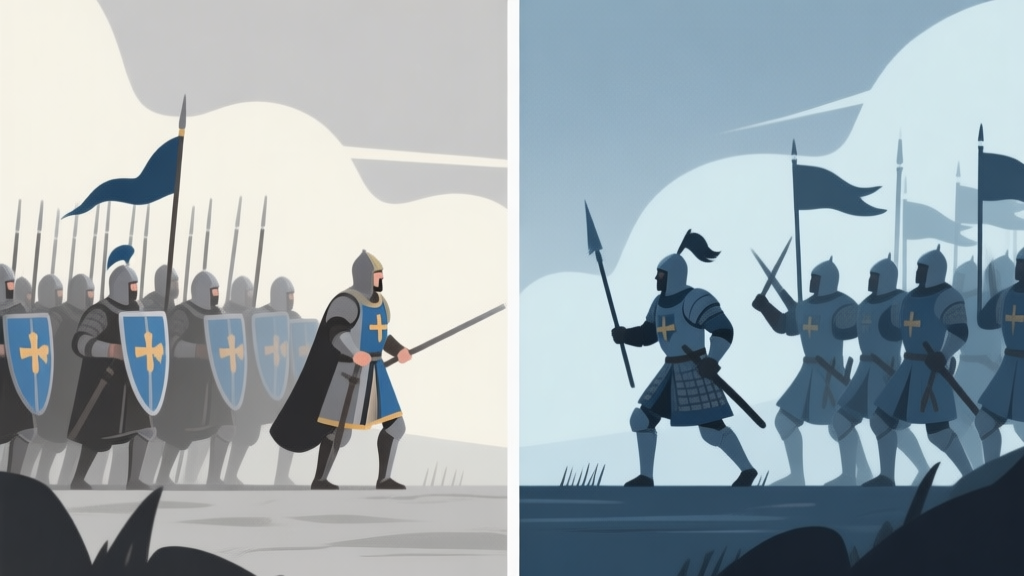 A split-screen game scene showing a loyal medieval army on one side and the same soldiers in rebellion on the other, with a dramatic but soft color palette of greys and blues, flat design style high quality illustration, detailed, 16:9