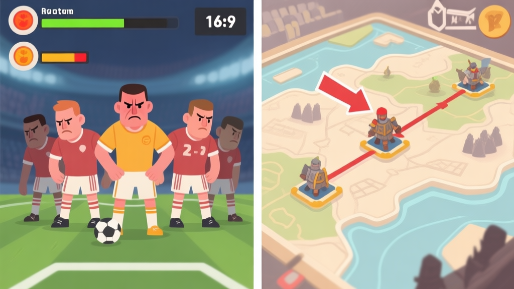 Split-screen illustration showing two contrasting game scenarios: left side shows a disgruntled sports team with low morale meters, right side shows a strategic war game map with a planned rebellion arrow, soft muted color palette high quality illustration, detailed, 16:9