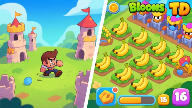 自动生成图片: A split-screen game illustration showing a struggling player with few towers on one side, and a successful player with organized banana farms and strong defenses on the other, in the colorful Bloons TD art style high quality illustration, detailed, 16:9