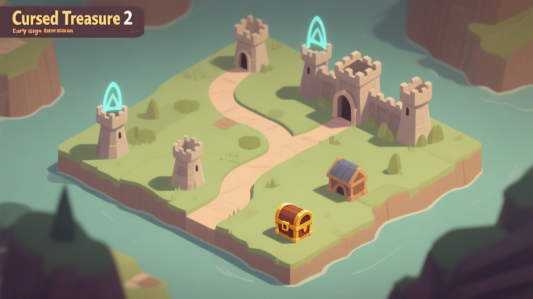 自动生成图片: A calm, isometric view of a Cursed Treasure 2 game map in early stage, showing a winding path, a few basic towers (arcane and barracks) placed strategically, and a treasure chest, in a soft color palette with muted greens and browns high quality illustration, detailed, 16:9