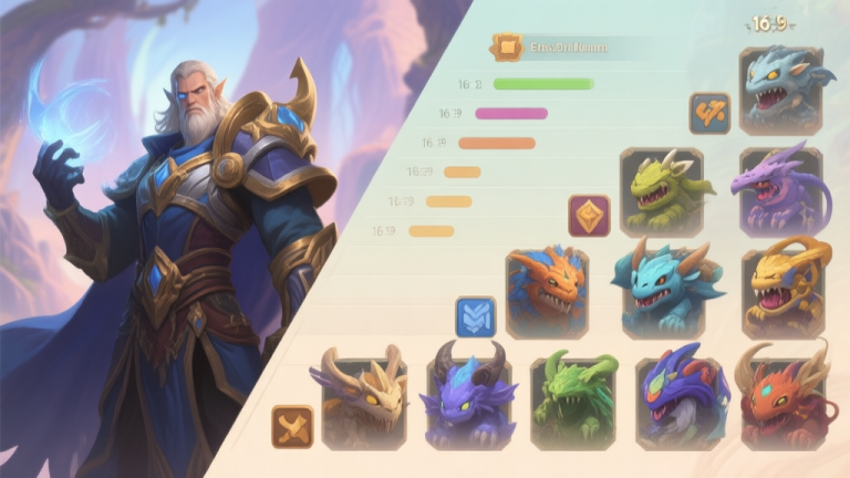 自动生成图片: A split-screen game illustration showing a powerful fantasy hero on one side and diverse mythical creature units on the other, with a subtle tier list overlay in the background, soft fantasy color palette high quality illustration, detailed, 16:9