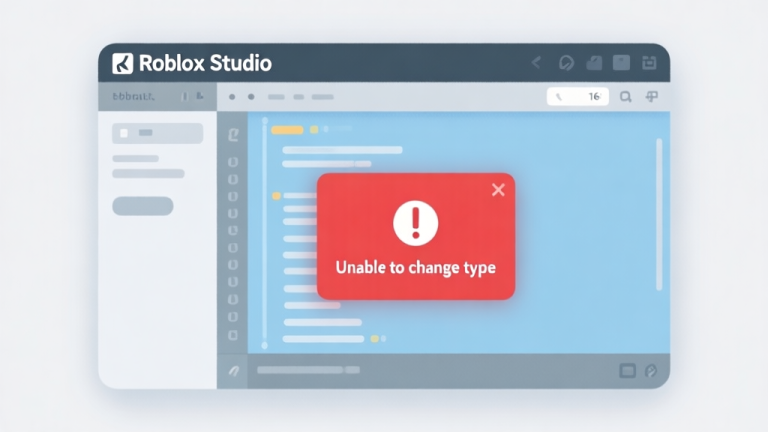 自动生成图片: A clean, minimalist illustration of a Roblox Studio interface with a script editor open, showing a red error pop-up box with the text "Unable to change type", soft blue and gray color scheme, flat design high quality illustration, detailed, 16:9