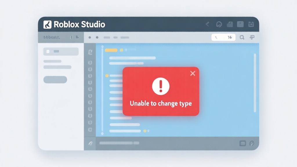 A clean, minimalist illustration of a Roblox Studio interface with a script editor open, showing a red error pop-up box with the text "Unable to change type", soft blue and gray color scheme, flat design high quality illustration, detailed, 16:9