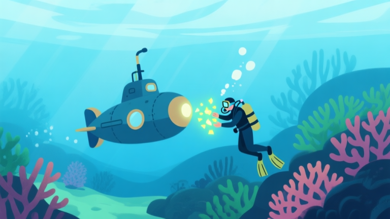 自动生成图片: A serene underwater scene with a small submarine navigating near coral reefs, soft blue and green color palette, flat design style, showing a diver collecting glowing fragments high quality illustration, detailed, 16:9