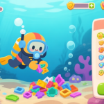 自动生成图片: A vibrant, stylized game screenshot of a clicker game interface. The screen shows a diver character collecting colorful scrap parts in an underwater scene, with progress bars, upgrade buttons, and a mission list visible. The art style is cute and engaging with a soft color palette. high quality illustration, detailed, 16:9