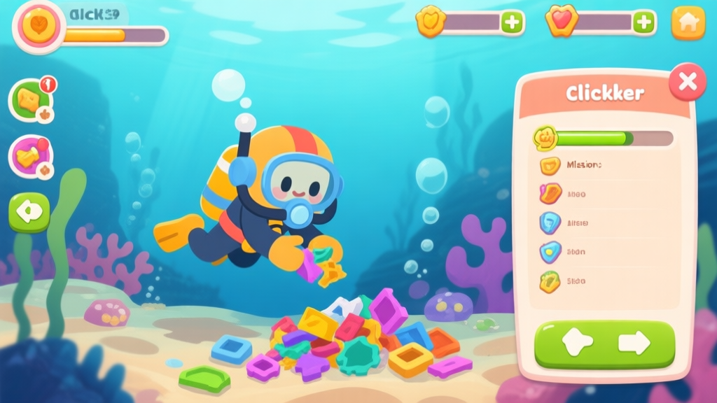 A vibrant, stylized game screenshot of a clicker game interface. The screen shows a diver character collecting colorful scrap parts in an underwater scene, with progress bars, upgrade buttons, and a mission list visible. The art style is cute and engaging with a soft color palette. high quality illustration, detailed, 16:9