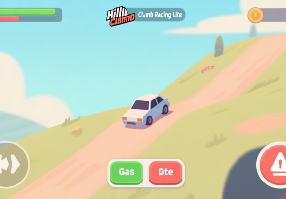 自动生成图片: A beginner's view of Hill Climb Racing Lite gameplay, showing a simple car on a gentle hill, with clear on-screen buttons for gas and brake, in a soft pastel game art style high quality illustration, detailed, 16:9