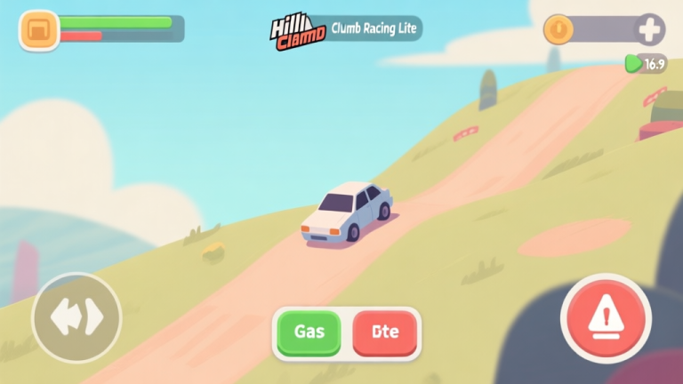 自动生成图片: A beginner's view of Hill Climb Racing Lite gameplay, showing a simple car on a gentle hill, with clear on-screen buttons for gas and brake, in a soft pastel game art style high quality illustration, detailed, 16:9