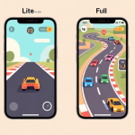 自动生成图片: Side-by-side comparison of two smartphone screens, one showing a minimalist racing game interface (Lite version) and the other a more detailed one with more vehicles and tracks (Full version), on a soft beige background high quality illustration, detailed, 16:9