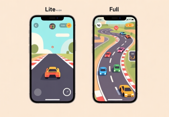 自动生成图片: Side-by-side comparison of two smartphone screens, one showing a minimalist racing game interface (Lite version) and the other a more detailed one with more vehicles and tracks (Full version), on a soft beige background high quality illustration, detailed, 16:9