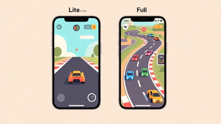 自动生成图片: Side-by-side comparison of two smartphone screens, one showing a minimalist racing game interface (Lite version) and the other a more detailed one with more vehicles and tracks (Full version), on a soft beige background high quality illustration, detailed, 16:9