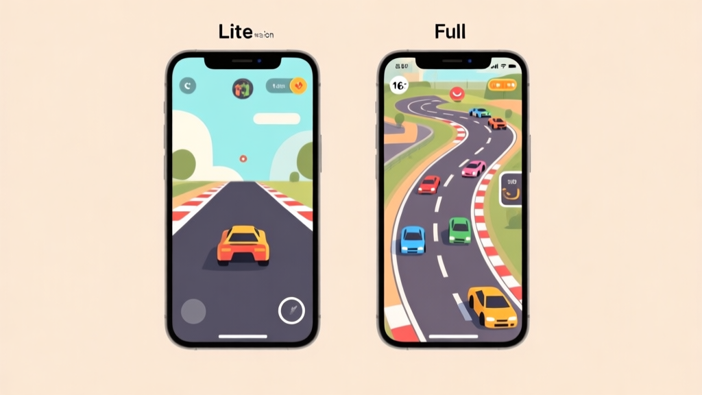 Side-by-side comparison of two smartphone screens, one showing a minimalist racing game interface (Lite version) and the other a more detailed one with more vehicles and tracks (Full version), on a soft beige background high quality illustration, detailed, 16:9
