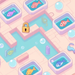 自动生成图片: A top-down view of a complex puzzle level from a mobile game, showing fish trapped in various containers, obstacles like locks and bubbles, and limited tools on the side, rendered in a soft pastel color palette with clean lines high quality illustration, detailed, 16:9