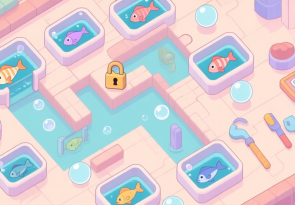 自动生成图片: A top-down view of a complex puzzle level from a mobile game, showing fish trapped in various containers, obstacles like locks and bubbles, and limited tools on the side, rendered in a soft pastel color palette with clean lines high quality illustration, detailed, 16:9