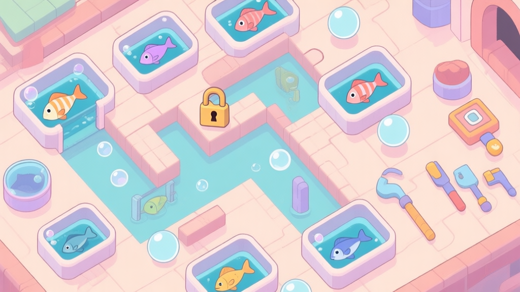 A top-down view of a complex puzzle level from a mobile game, showing fish trapped in various containers, obstacles like locks and bubbles, and limited tools on the side, rendered in a soft pastel color palette with clean lines high quality illustration, detailed, 16:9
