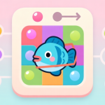 自动生成图片: A vibrant, minimalist mobile game interface showing a cute cartoon fish trapped in a puzzle, with colorful bubbles and simple drag-and-drop mechanics, soft pastel background, clean and inviting design high quality illustration, detailed, 16:9