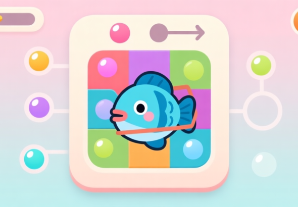 自动生成图片: A vibrant, minimalist mobile game interface showing a cute cartoon fish trapped in a puzzle, with colorful bubbles and simple drag-and-drop mechanics, soft pastel background, clean and inviting design high quality illustration, detailed, 16:9