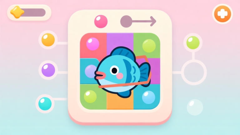 自动生成图片: A vibrant, minimalist mobile game interface showing a cute cartoon fish trapped in a puzzle, with colorful bubbles and simple drag-and-drop mechanics, soft pastel background, clean and inviting design high quality illustration, detailed, 16:9