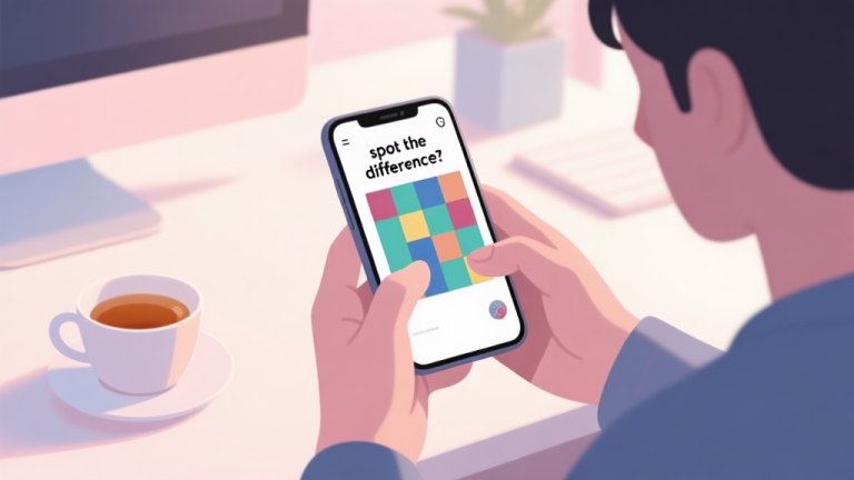自动生成图片: A calm and focused gamer's hands holding a smartphone with a 'spot the difference' puzzle on screen, soft natural lighting, minimalist workspace with a cup of tea, pastel color scheme high quality illustration, detailed, 16:9