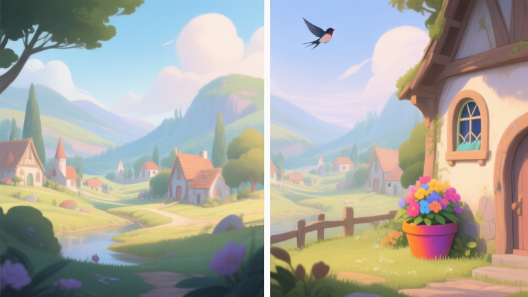 自动生成图片: A split-screen illustration showing two almost identical detailed fantasy landscape scenes. On the left, a serene village scene. On the right, the same scene with subtle differences like a missing bird in the sky, an extra window on a cottage, and a differently colored flower pot. Soft, inviting color palette. high quality illustration, detailed, 16:9