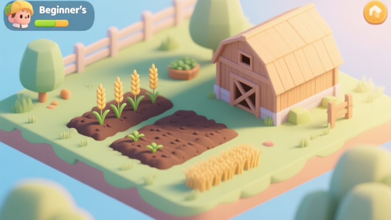 自动生成图片: A peaceful, isometric view of a beginner's farm in a mobile game, showing a small plot of tilled soil, a simple wooden barn, and a few basic crops like wheat, soft pastel colors, morning light high quality illustration, detailed, 16:9