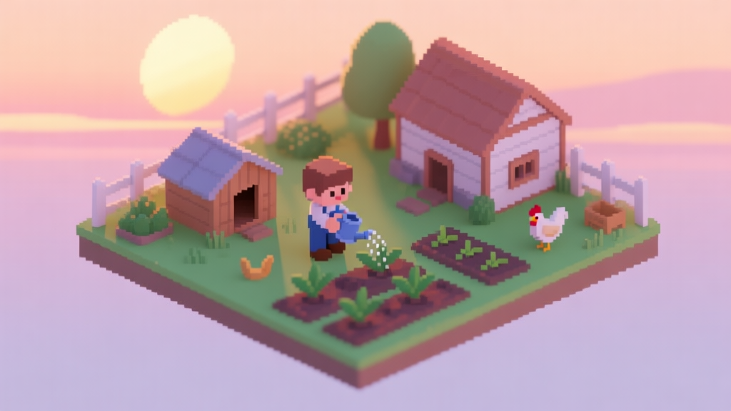 A cozy, isometric view of a pixel-art farm at sunset, with a small character watering crops, a chicken coop, and a tidy garden, evoking a sense of peace and progression. Soft pastel color palette. high quality illustration, detailed, 16:9