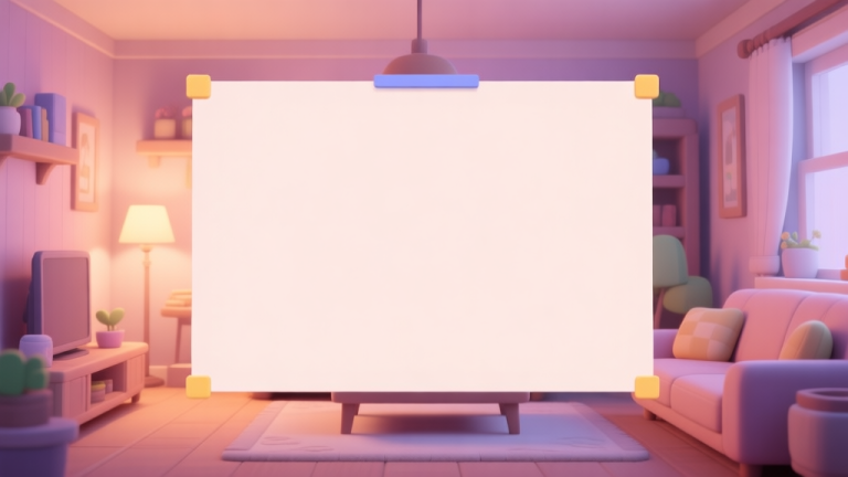 自动生成图片: A cozy, softly lit virtual living room in a game, with a blank canvas area highlighted, showing the initial empty space players often face, in a warm pastel color palette high quality illustration, detailed, 16:9