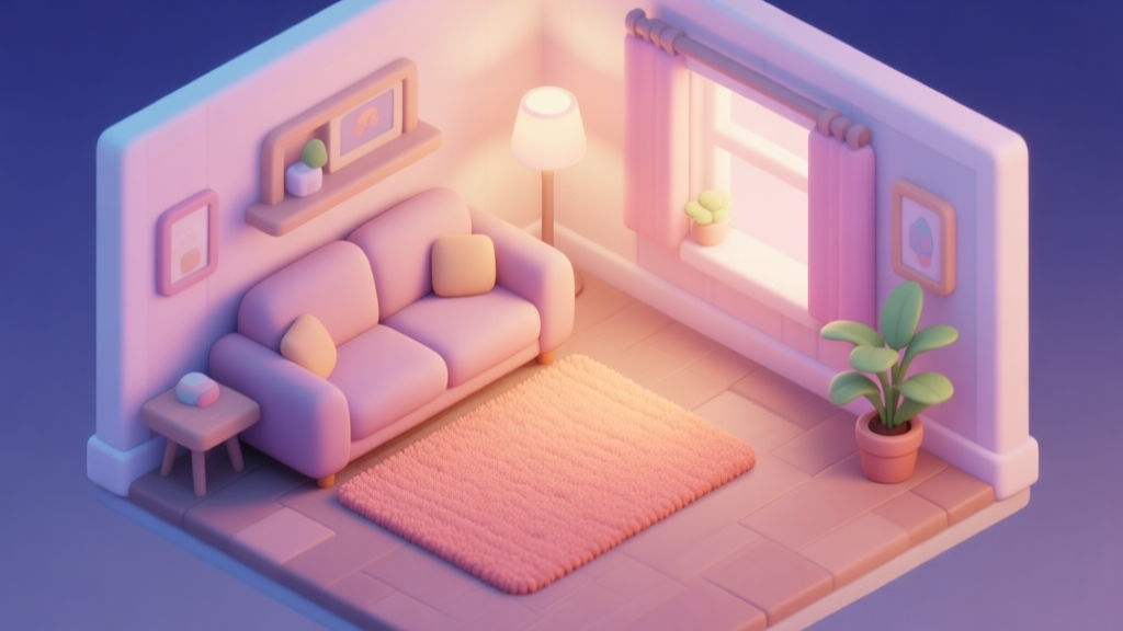 A cozy, softly lit digital living room from a top-down game perspective, with a plush sofa, a warm rug, and a plant in the corner, in a pastel color palette, evoking a sense of calm and control high quality illustration, detailed, 16:9