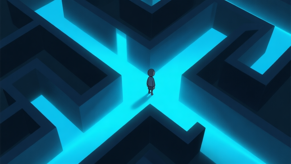A top-down view of a minimalist maze with glowing blue pathways and dark walls, a small character figure stands at a crossroads, soft shadows and ethereal light beams high quality illustration, detailed, 16:9