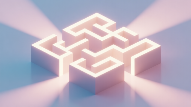 自动生成图片: A minimalist, isometric 3D render of a glowing maze with light beams casting dynamic shadows on the floor, soft pastel color palette, clean lines, evoking a sense of calm and intellectual challenge high quality illustration, detailed, 16:9