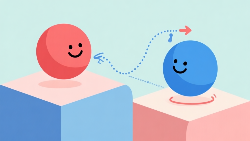 A simple, clean flat design illustration showing two smiling balls (one red, one blue) on different platforms, with a dotted line indicating a potential drawing path and arrows showing forces like gravity and bounce, using a soft pastel color palette high quality illustration, detailed, 16:9