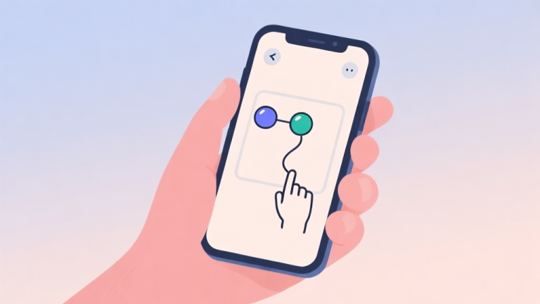 自动生成图片: A minimalist illustration of a hand holding a smartphone, showing a simple puzzle game interface with two balls and a hand-drawn line on screen, soft pastel background, calming and clean aesthetic high quality illustration, detailed, 16:9
