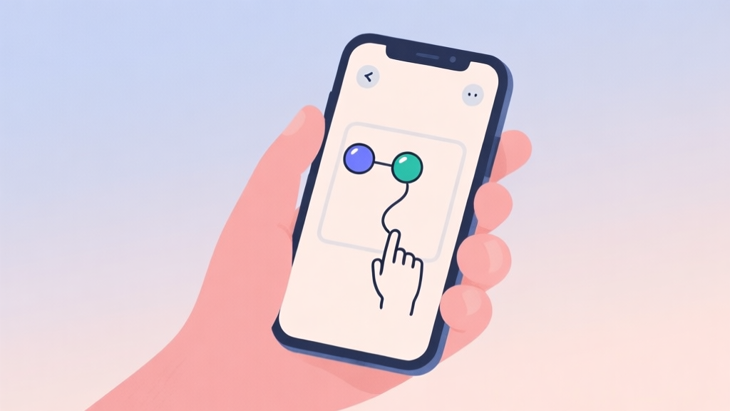 A minimalist illustration of a hand holding a smartphone, showing a simple puzzle game interface with two balls and a hand-drawn line on screen, soft pastel background, calming and clean aesthetic high quality illustration, detailed, 16:9