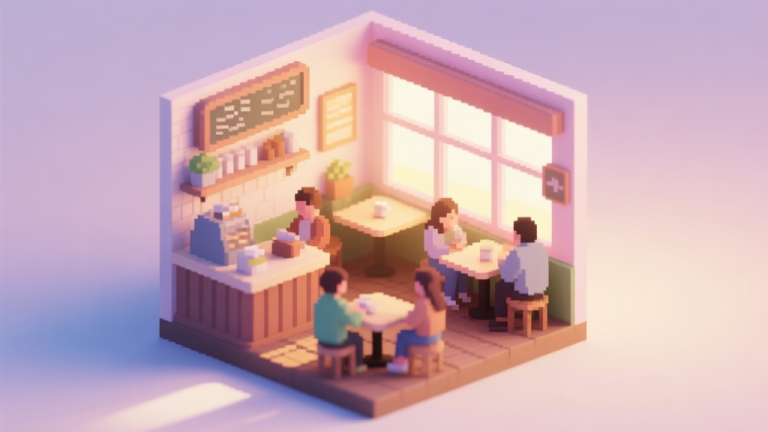 自动生成图片: A cozy, isometric view of a small pixel-art cafe with a few customers, soft morning light filtering through windows, pastel color palette, warm and inviting atmosphere high quality illustration, detailed, 16:9