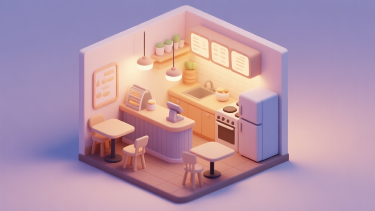 自动生成图片: Cozy isometric illustration of a small cafe interior with a counter, a few tables, and a kitchen area, soft warm lighting, pastel color palette, flat design style high quality illustration, detailed, 16:9